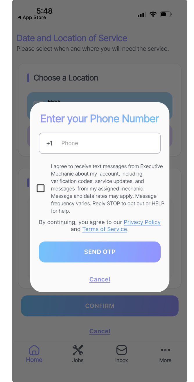 Executive Mechanic app sign-up screen: a mobile number field, beneath it an unchecked box agreeing to receive text messages, then links to the Privacy Policy and Terms of Service, then the Send OTP button
